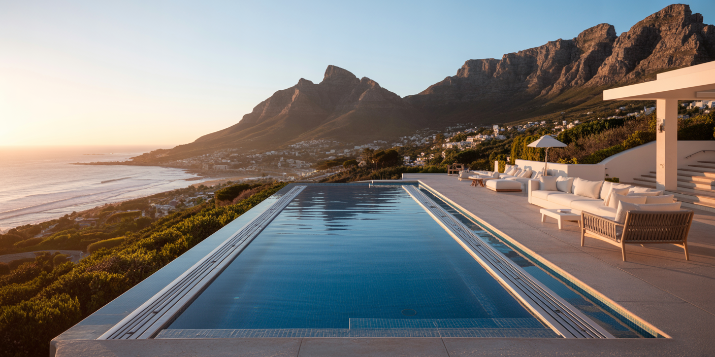 Luxury Atlantic Seaboard pool with hydraulic cover system and ocean views at sunset