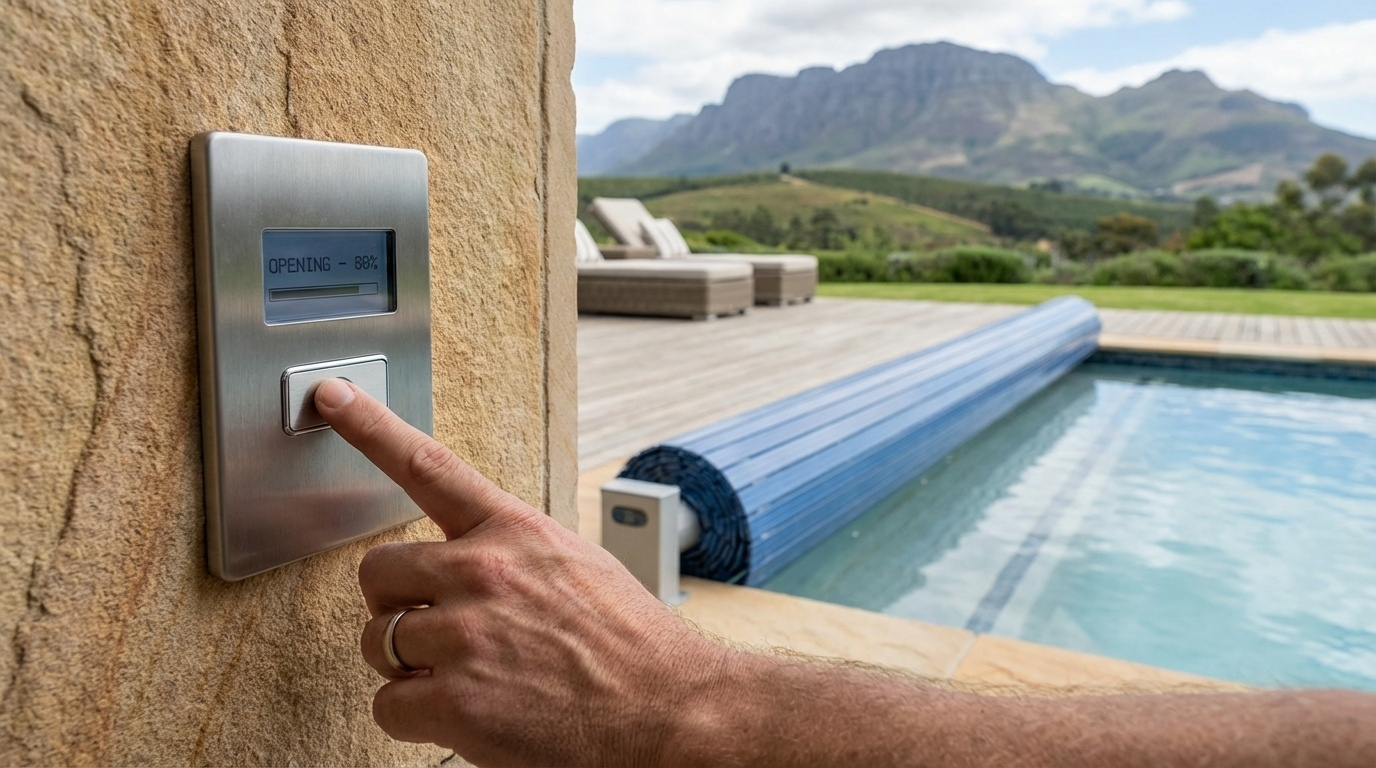 Automatic pool cover control panel showing Opening 68% with Cape Town landscape and slatted cover
